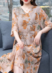 Plus Size Floral V Neck Print  Patchwork Silk Mid Dress Summer