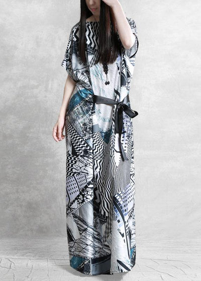 Plus Size Gray Print Silk Robe Dresses Tunic - SooLinen