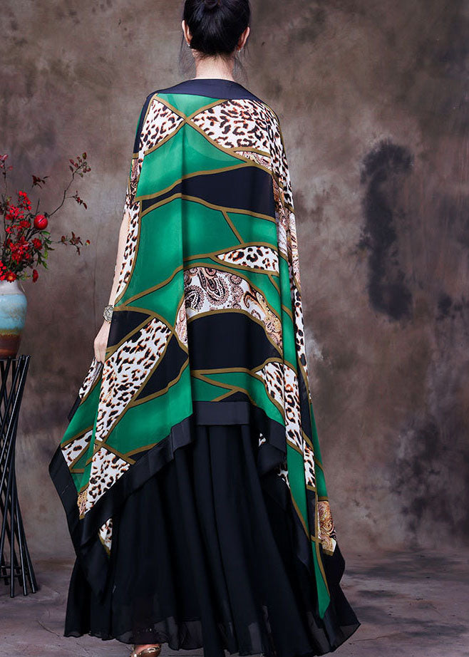 Plus Size Green Asymmetrical Design Leopard Print Silk Shawl Tops Short Sleeve
