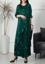 Plus Size Green Asymmetrical Side Open Silk Women Sets 2 Pieces Spring
