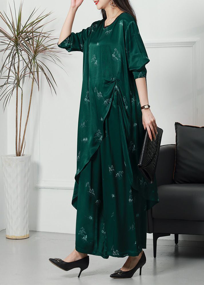 Plus Size Green Asymmetrical Side Open Silk Women Sets 2 Pieces Spring