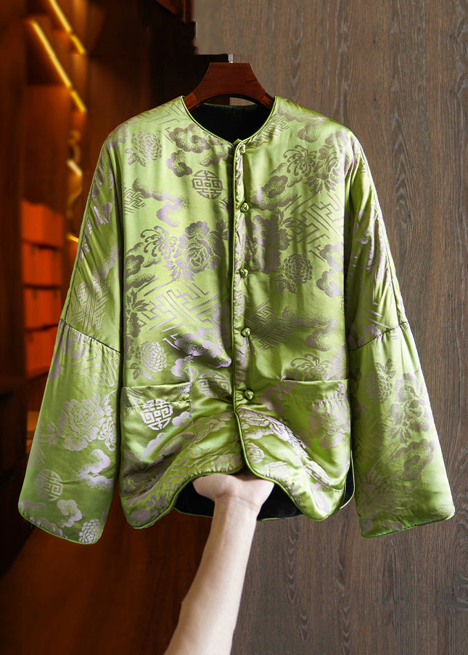 Plus Size Green Button Print Pockets Silk Parka Long Sleeve