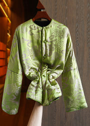 Plus Size Green Button Print Pockets Silk Parka Long Sleeve