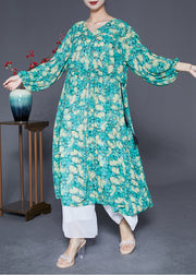 Plus Size Green Cinched Print Chiffon Maxi Dresses Lantern Sleeve