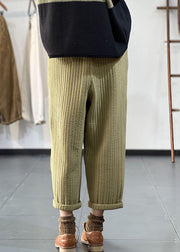 Plus Size Green Elastic Waist Drawstring Striped Fine Cotton Filled Pants Winter