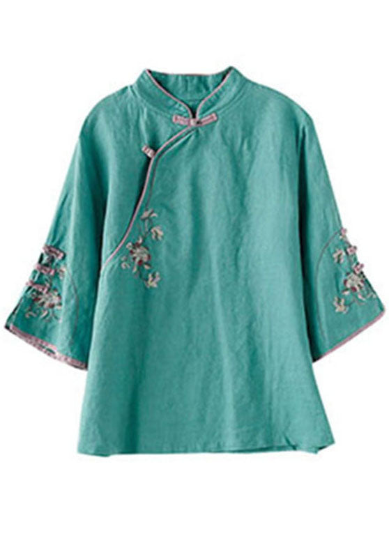 Plus Size Green Embroidered Button Tops Half Sleeve