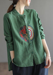 Plus Size grün besticktes Leinenhemd mit langen Ärmeln