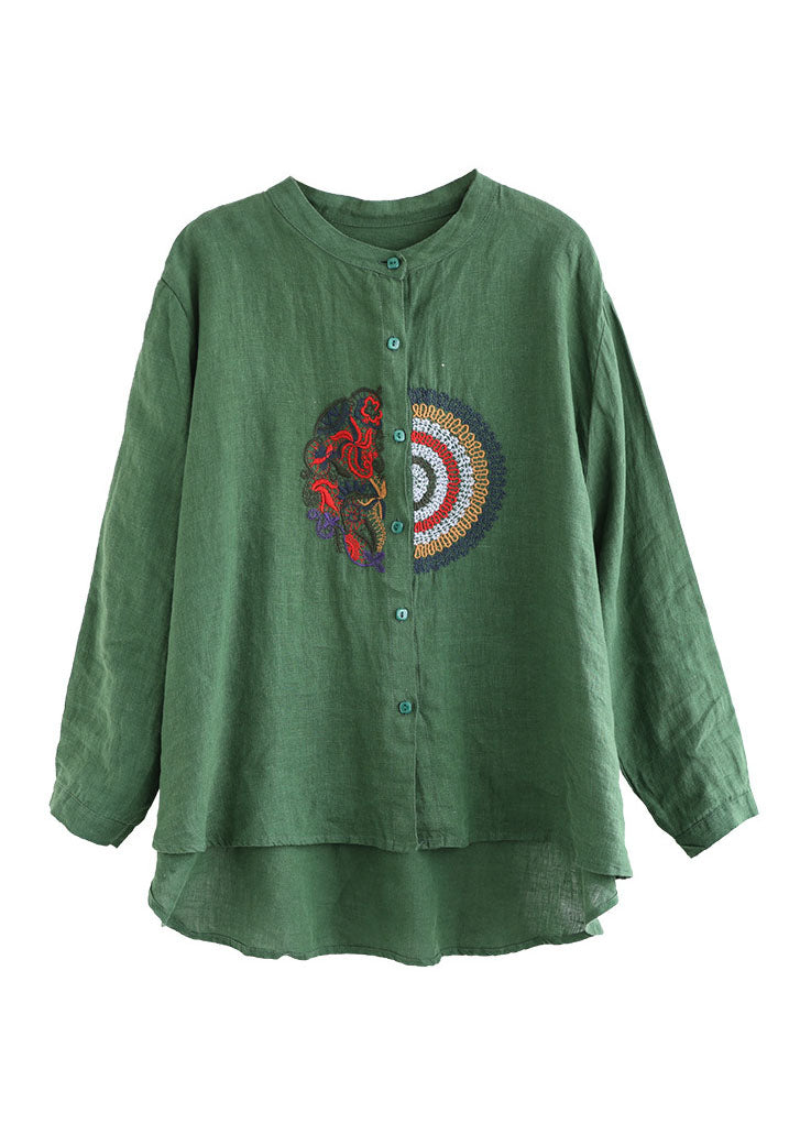Plus Size grün besticktes Leinenhemd mit langen Ärmeln