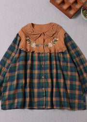 Plus Size Green Embroidered Plaid Cotton Shirt Top Spring