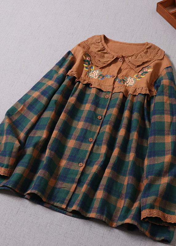 Plus Size Green Embroidered Plaid Cotton Shirt Top Spring