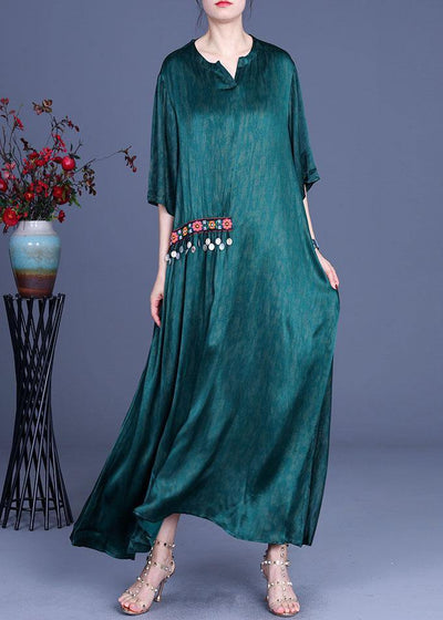 Plus Size Green Embroidery Summer Silk Long Dress - SooLinen