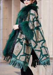 Plus Size Green Fox Collar Pockets Leather And Fur Coat Long Sleeve