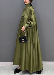 Plus Size Green Hign Neck Wrinkled Patchwork Silk Long Dresses Fall