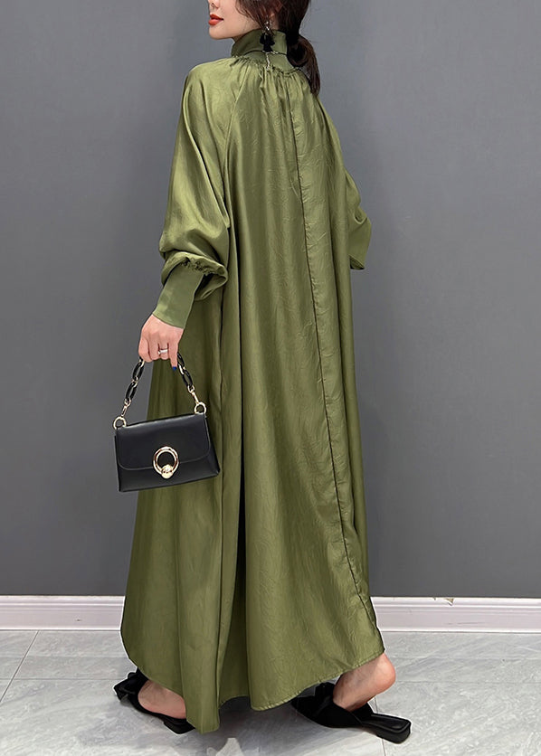Plus Size Green Hign Neck Wrinkled Patchwork Silk Long Dresses Fall