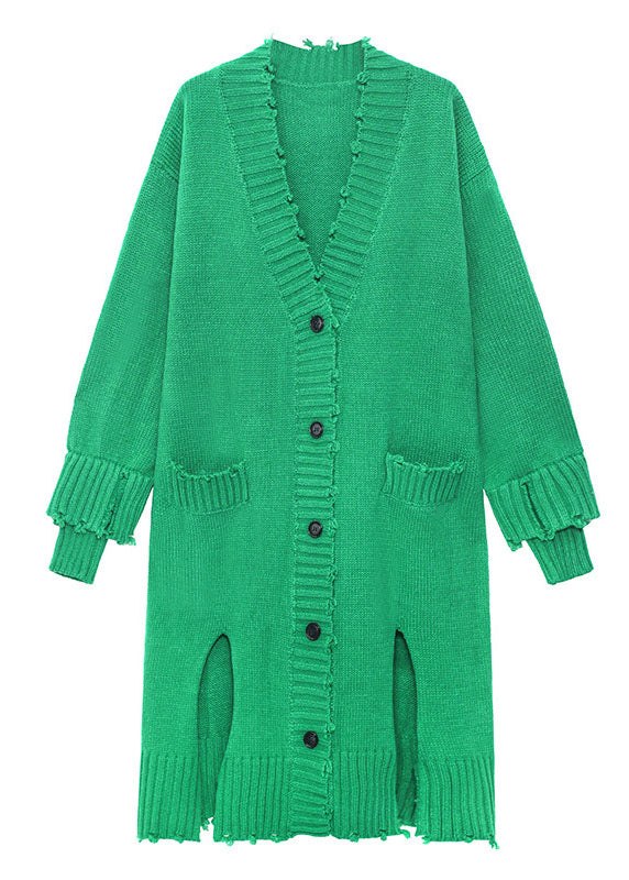 Plus Size Green Hole Seite offener Knopf Herbst Knit Langarm Cardigan