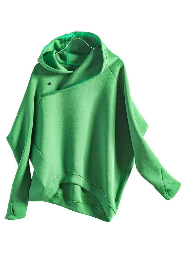 Plus Size Green Hooded Asymmetrical Design Patchwork Cotton Sweatshirts Fall
