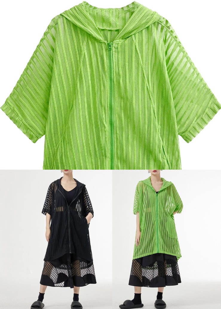 Plus Size Green Hooded Hollow Out Patchwork Tulle UPF 50+ Coat  Half Sleeve