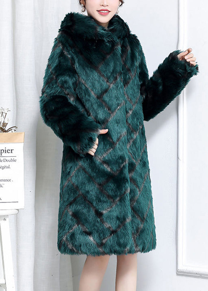 Plus Size Green Hooded Plaid Faux Fur Coats Winter