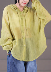Plus Size Green Hooded Wrinkled Cotton UPF 50+ Coat Jacket Long Sleeve