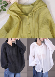 Plus Size Green Hooded Wrinkled Cotton UPF 50+ Coat Jacket Long Sleeve