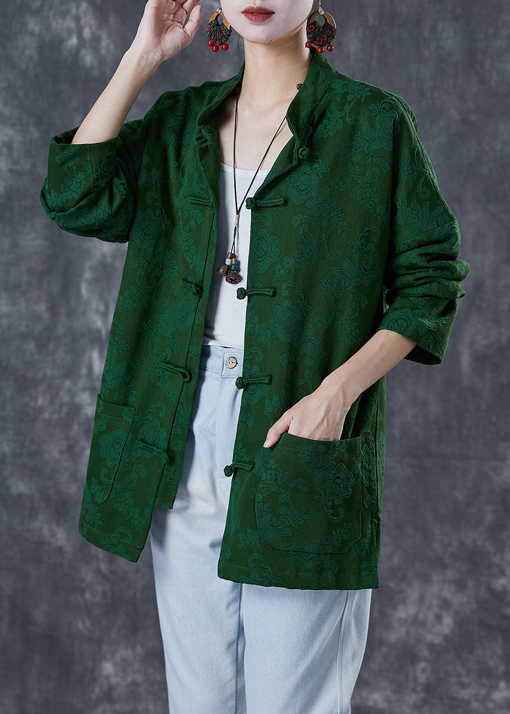 Plus Size Green Jacquard Chinese Button Cotton Coats Fall