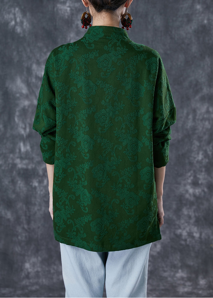 Plus Size Green Jacquard Chinese Button Cotton Coats Fall