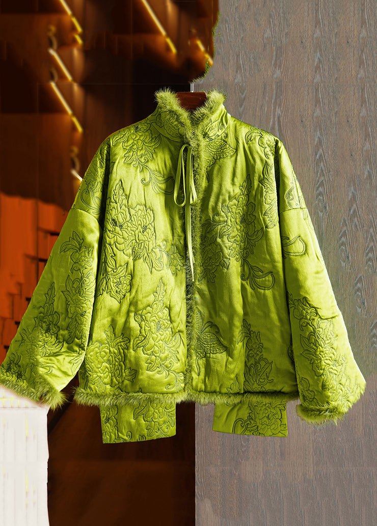 Plus Size Green Lace Up Mink Hair Patchwork Silk Parka Winter