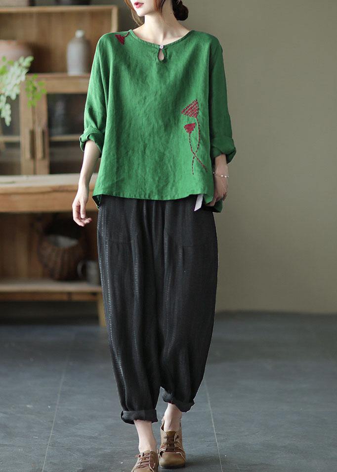 Plus Size Green Loose Embroideried Fall Linen Shirt Tops Long Sleeve - SooLinen