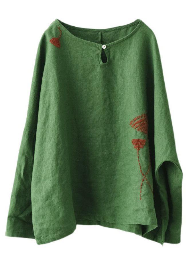 Plus Size Green Loose Embroideried Fall Linen Shirt Tops Long Sleeve - SooLinen