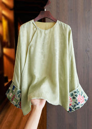 Plus Size Green O-Neck Asymmetrical Embroidered Silk Shirts Fall