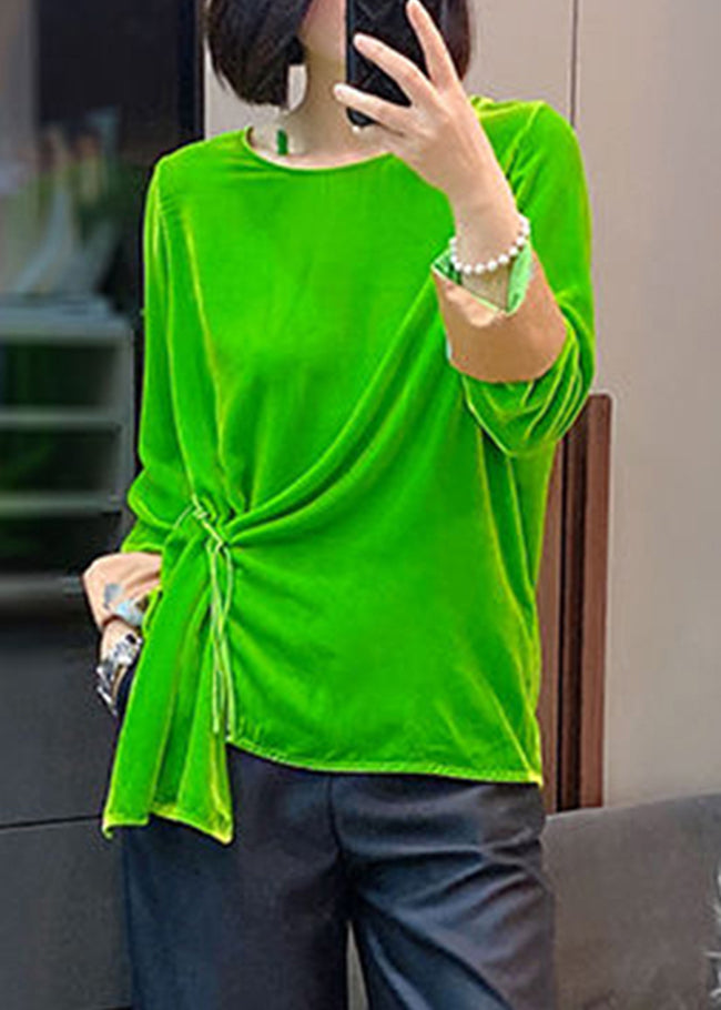Plus Size Green O-Neck Cinched Velour Tops Langarm