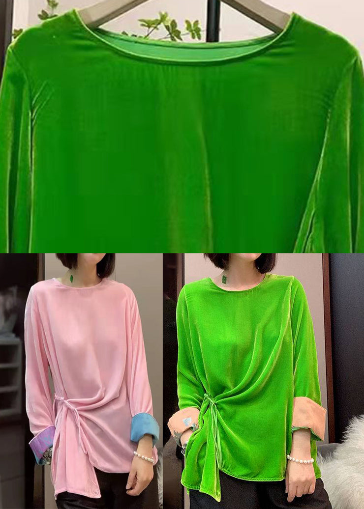Plus Size Green O-Neck Cinched Velour tops long sleeve