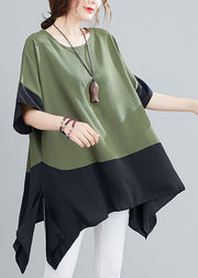 Plus Size Green O Neck Patchwork Chiffon T Shirts Top Summer