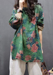 Plus Size Green O-Neck Patchwork Linen Shirts Fall