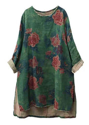 Plus Size Green O-Neck Patchwork Linen Shirts Fall