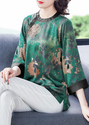 Plus Size Green O-Neck Patchwork Print Silk Shirt Tops Bracelet Sleeve
