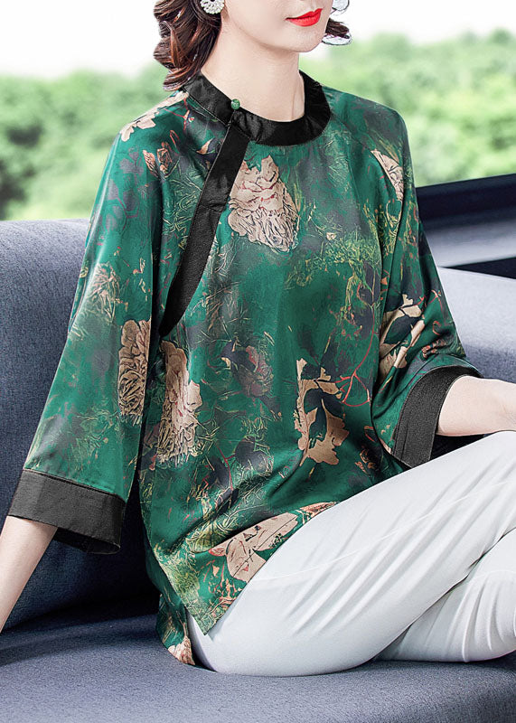 Plus Size Green O-Neck Patchwork Print Silk Shirt Tops Bracelet Sleeve