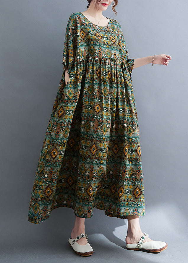 Plus Size Green O-Neck Patchwork Wrinkled Party Maxi Dress Short Sleeve