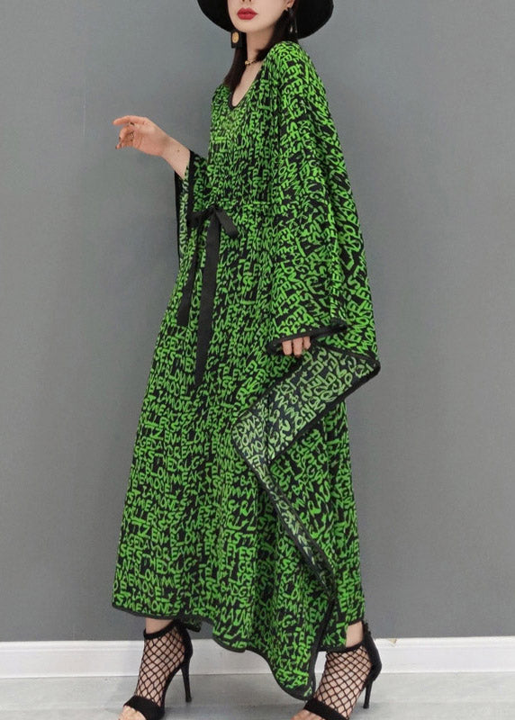 Plus Size Green O-Neck Print Batwing Dresses Long Sleeve