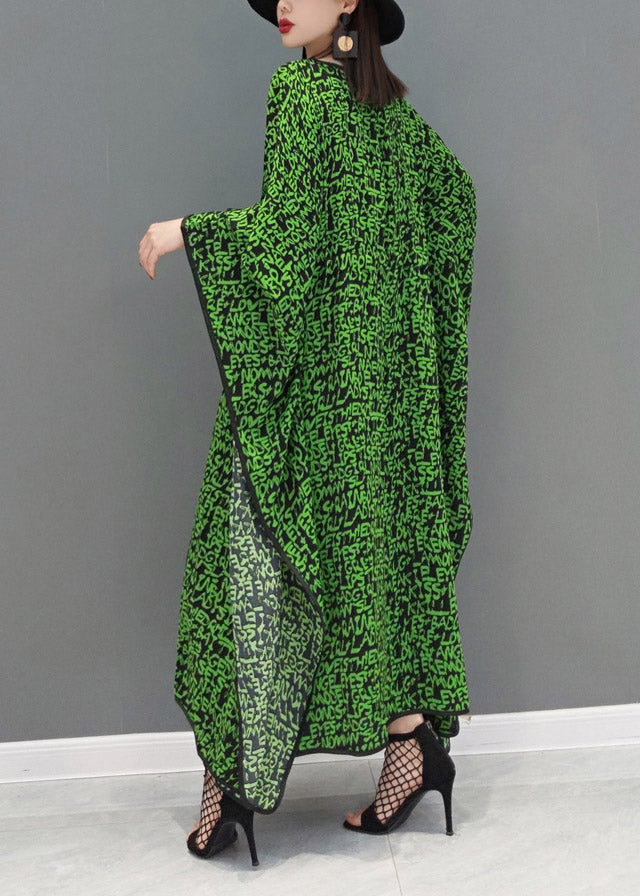 Plus Size Green O-Neck Print Batwing Dresses Long Sleeve