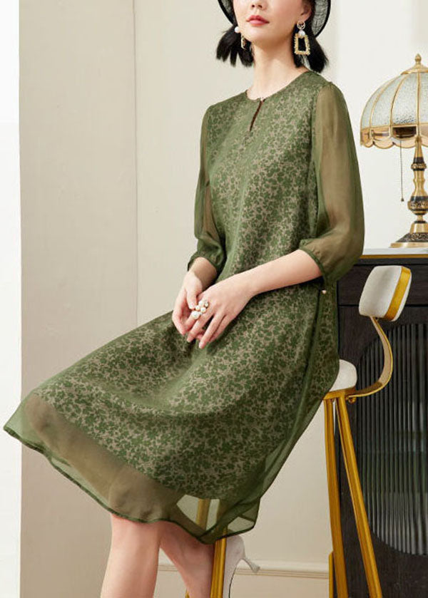 Plus Size Green O-Neck Print Chiffon A Line Dress Half Sleeve