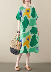 Plus Size Green O-Neck Print Cotton Holiday Dress Summer