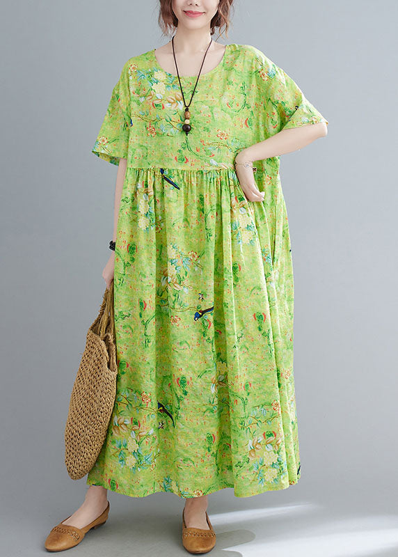 Plus Size Green O-Neck Print Exra Large Hem Wrinkled Cotton Long Dress Short Sleeve