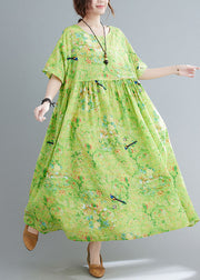 Plus Size Grün O-Neck Print Extra großer Saum Falten Baumwolle Langes Kleid Kurzarm