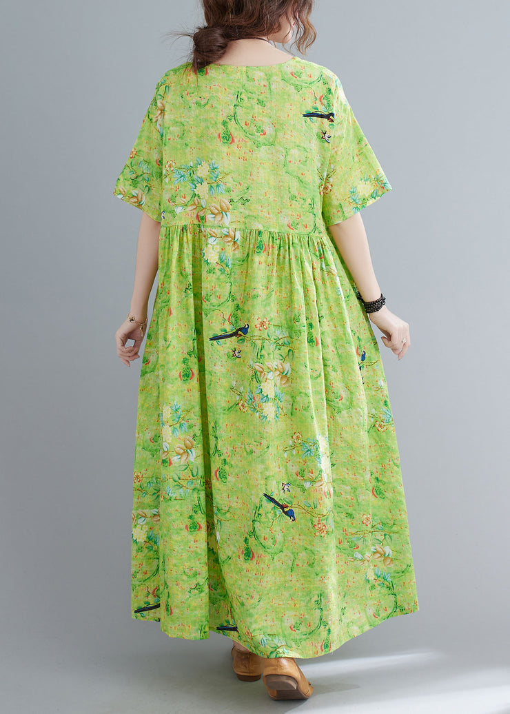 Plus Size Grün O-Neck Print Extra großer Saum Falten Baumwolle Langes Kleid Kurzarm