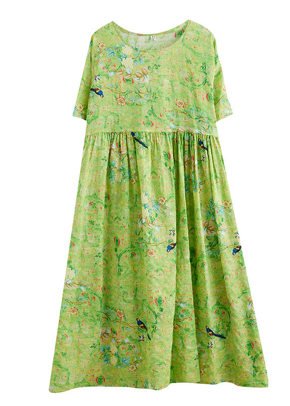 Plus Size Green O-Neck Print Exra Large Hem Wrinkled Cotton Long Dress Short Sleeve