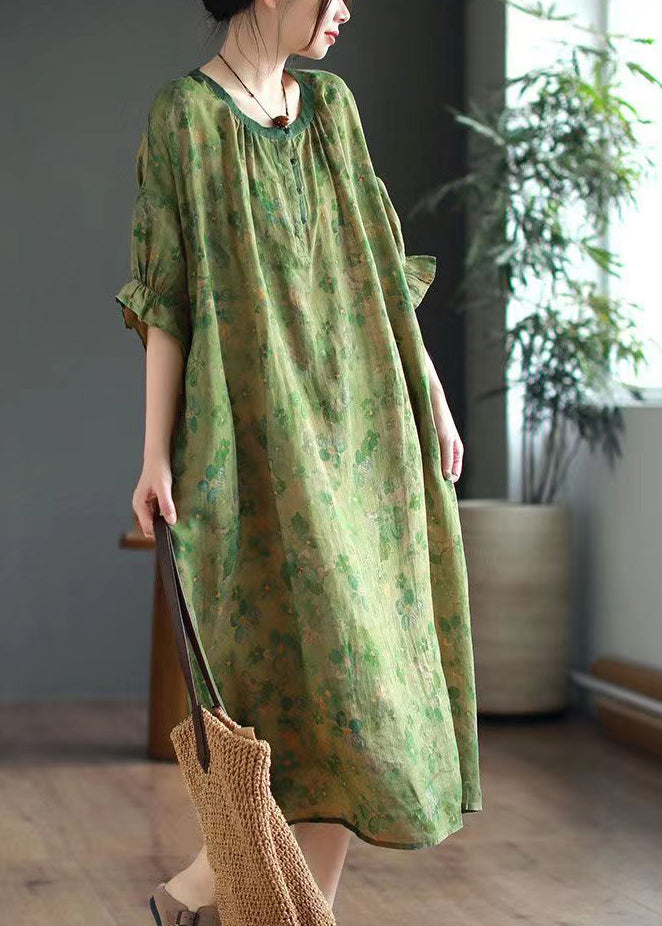 Plus Size Green O Neck Print Linen Long Dresses Half Sleeve