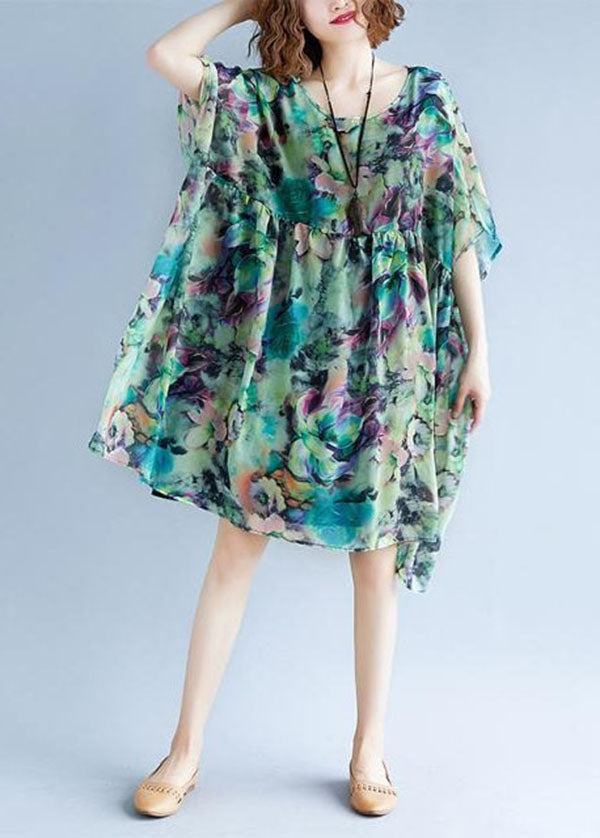 Plus Size Green O Neck Print Patchwork Chiffon Dresses Summer