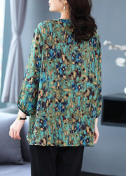 Plus Size Green O Neck Print Patchwork Cotton Top Fall