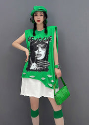 Plus Size Green O-Neck Print Patchwork Dress Sleeveless